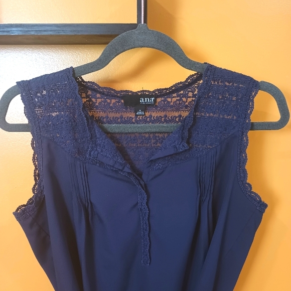 A.N.A Navy Blue Ruffle Sleeveless Blouse With Back Tie Size M - Picture 3 of 8